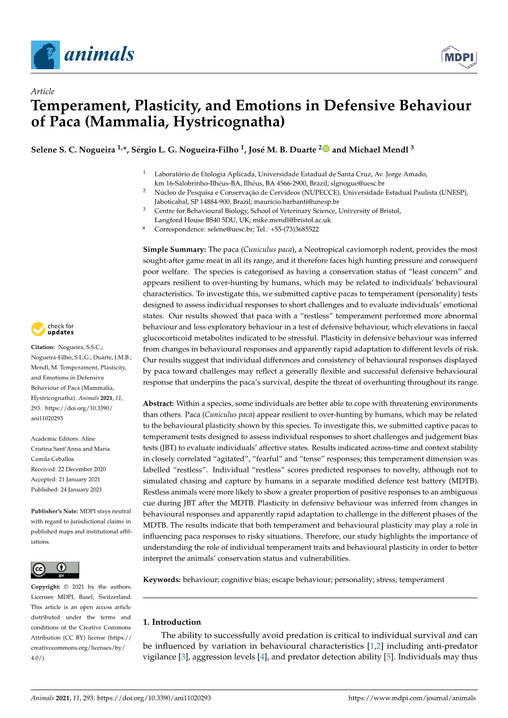 Temperament, Plasticity, and Emotions in Defensive Behaviour of Paca (Mammalia, Hystricognatha)