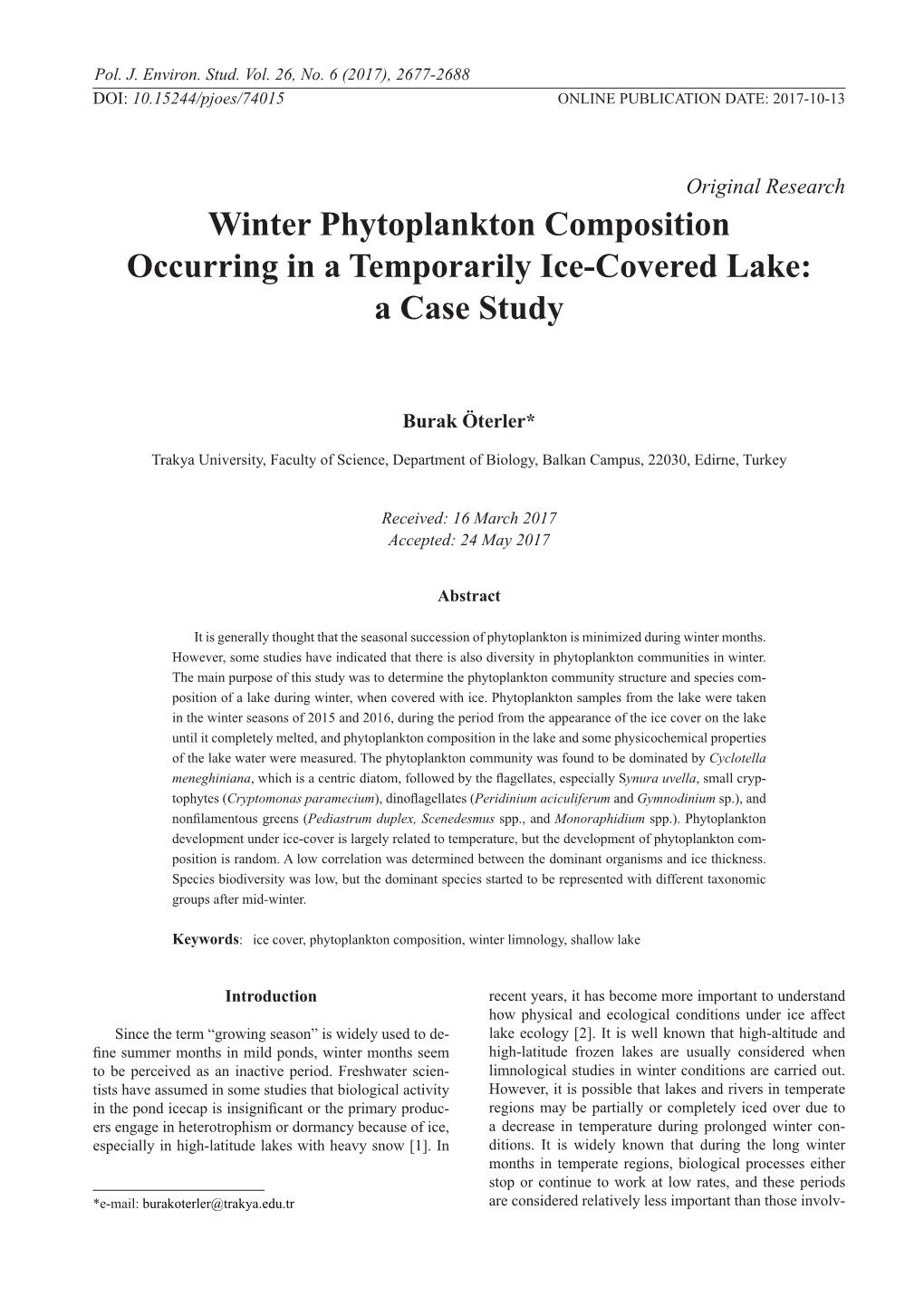 Winter Phytoplankton Composition Occurring in a Temporarily Ice-Covered Lake: a Case Study