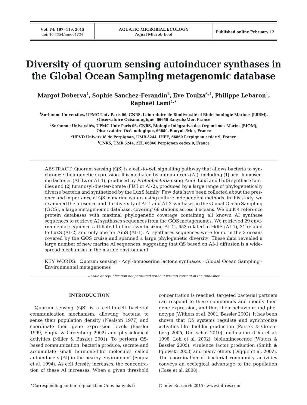 Diversity of Quorum Sensing Autoinducer Synthases in the Global Ocean Sampling Metagenomic Database
