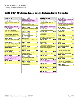 2020–2021 Undergraduate Expanded Academic Calendar
