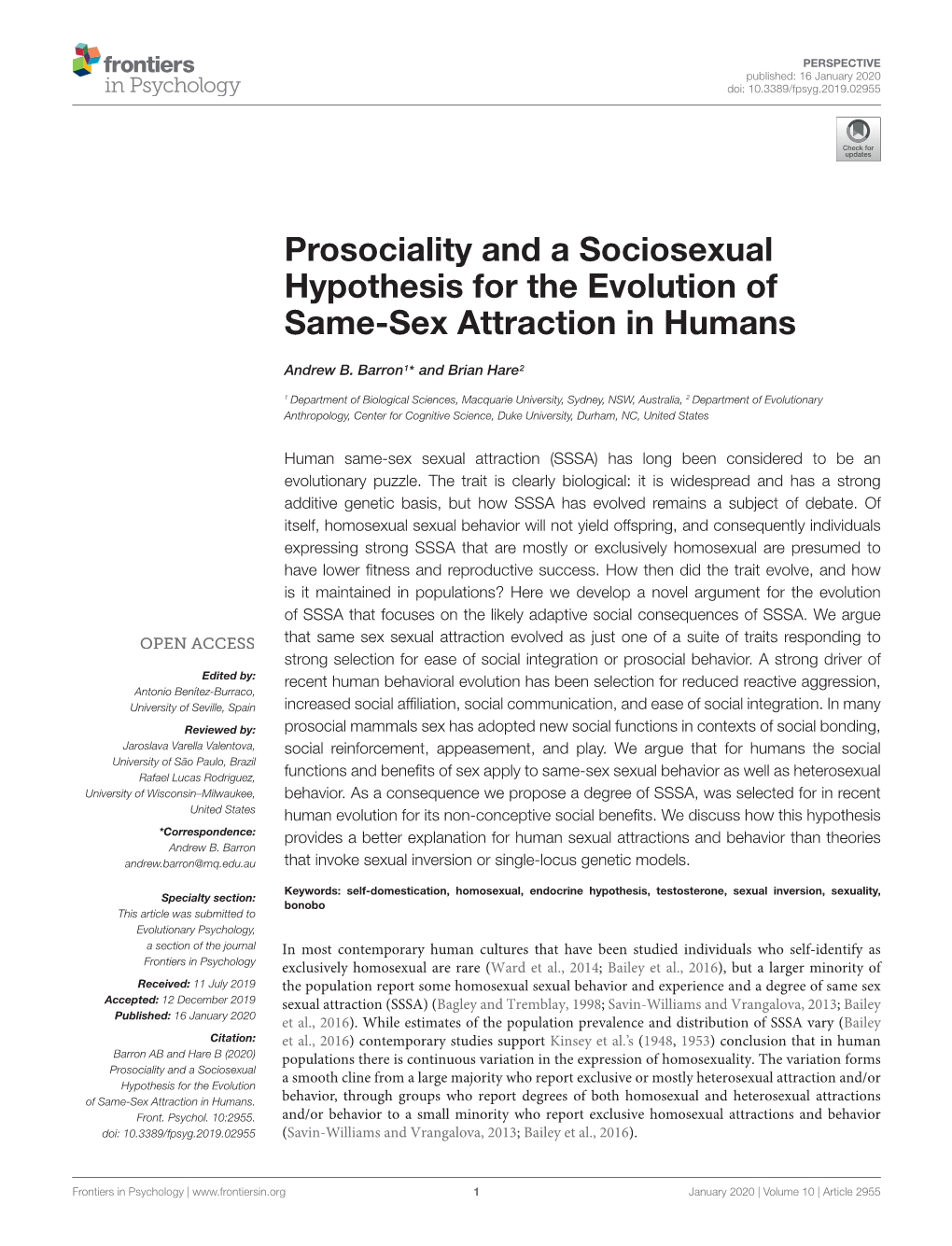 Prosociality And A Sociosexual Hypothesis For The Evolution Of Same Sex Attraction In Humans