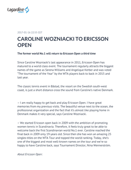 Caroline Wozniacki to Ericsson Open