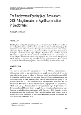 The Employment Equality (Age) Regulations 2006: a Legitimisation of Age Discrimination in Employment