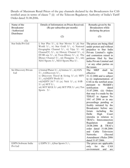 Details of Maximum Retail Prices of the Pay Channels Declared by The