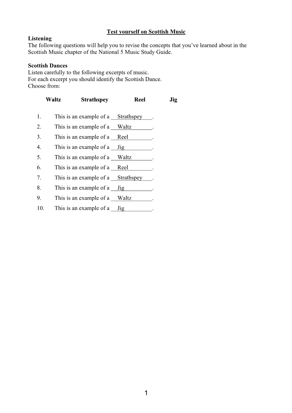 N5 Scottish Music Listening Exercise Answers