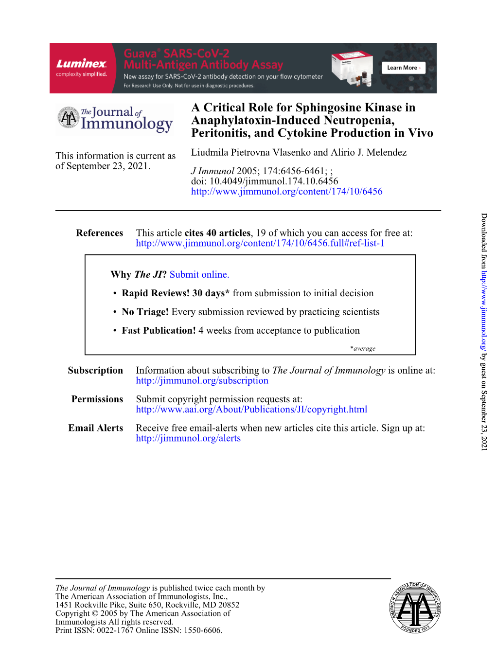 Peritonitis, and Cytokine Production in Vivo Anaphylatoxin-Induced Neutropenia, a Critical Role for Sphingosine Kinase In