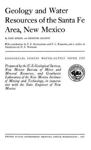 Geology and Water Resources of the Santa Fe Area, New Mexico