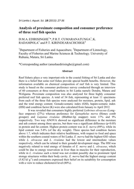 Analysis of Proximate Composition and Consumer Preference of Three Reef Fish Species