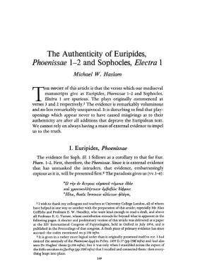 The Authenticity of Euripides, Phoenissae 1-2 and Sophocles, Electra I Michael W
