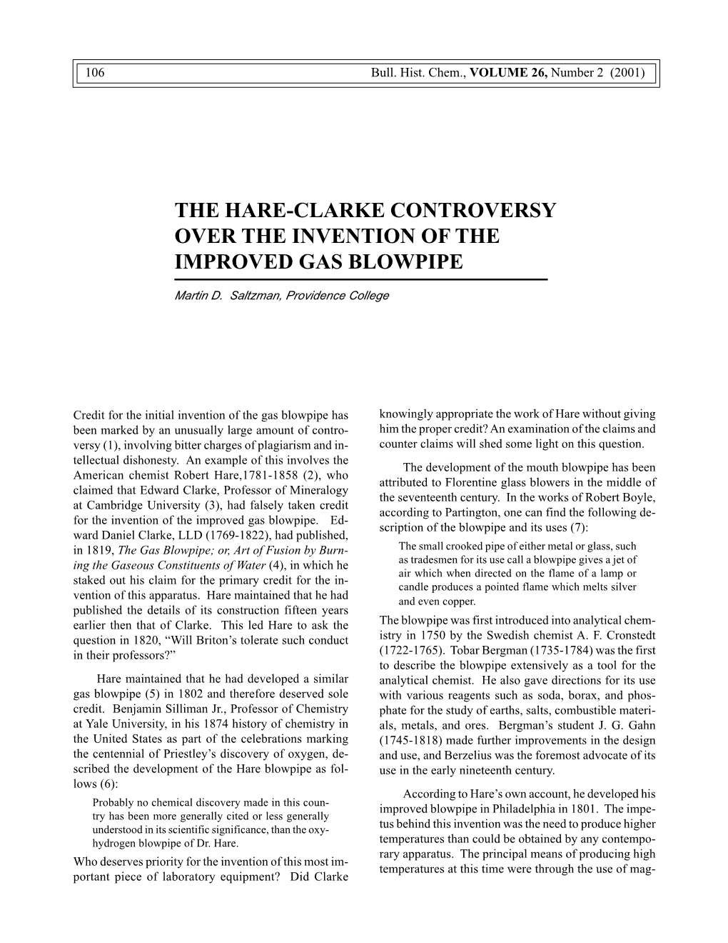 The Hare-Clarke Controversy Over the Invention of the Improved Gas Blowpipe