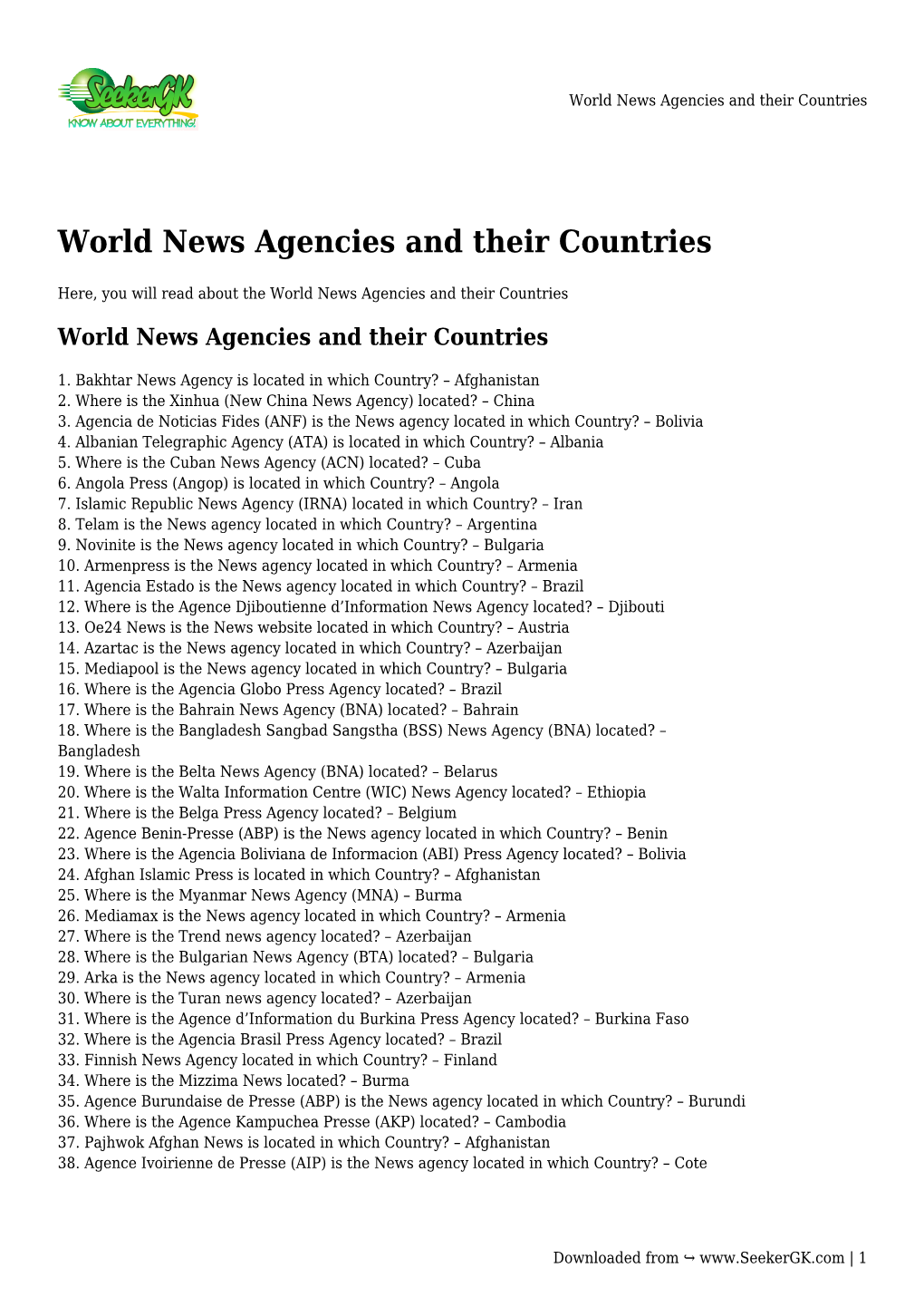 World News Agencies and Their Countries