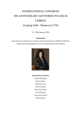 INTERNATIONAL CONGRESS 300 ANNIVERSARY GOTTFRIED WILHELM LEIBNIZ (Leipzig,1646 - Hannover,1716)