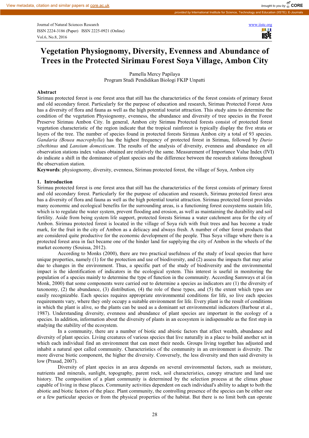 Vegetation Physiognomy, Diversity, Evenness And Abundance Of Trees In ...