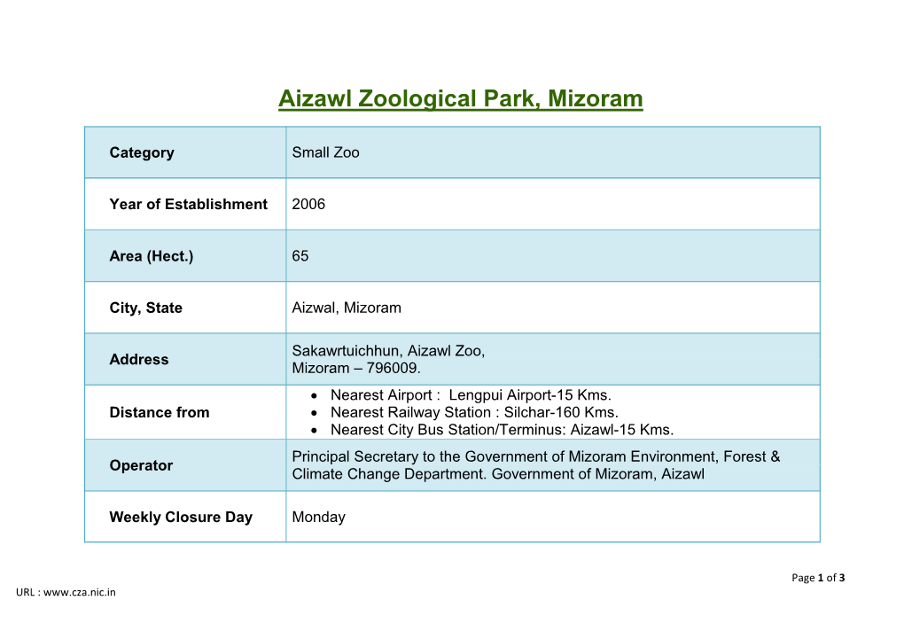 Aizawl Zoological Park, Mizoram