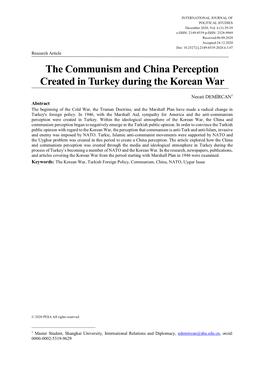 The Communism and China Perception Created in Turkey During the Korean War