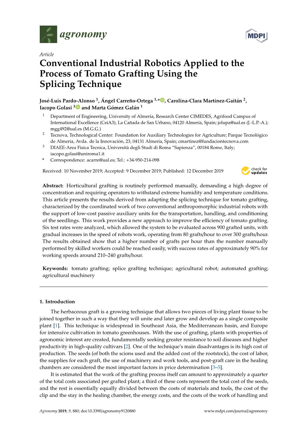 Conventional Industrial Robotics Applied to the Process of Tomato Grafting Using the Splicing Technique