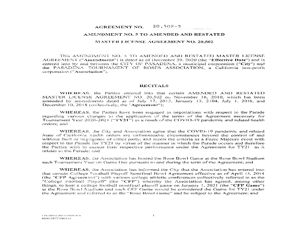 AGREEMENT NO. 20,502-5 the PASADENA TOURNAMENT OF