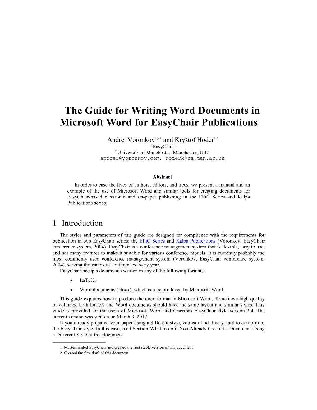 The Guide for Writing Word Documents in Microsoft Word for Easychair Publications