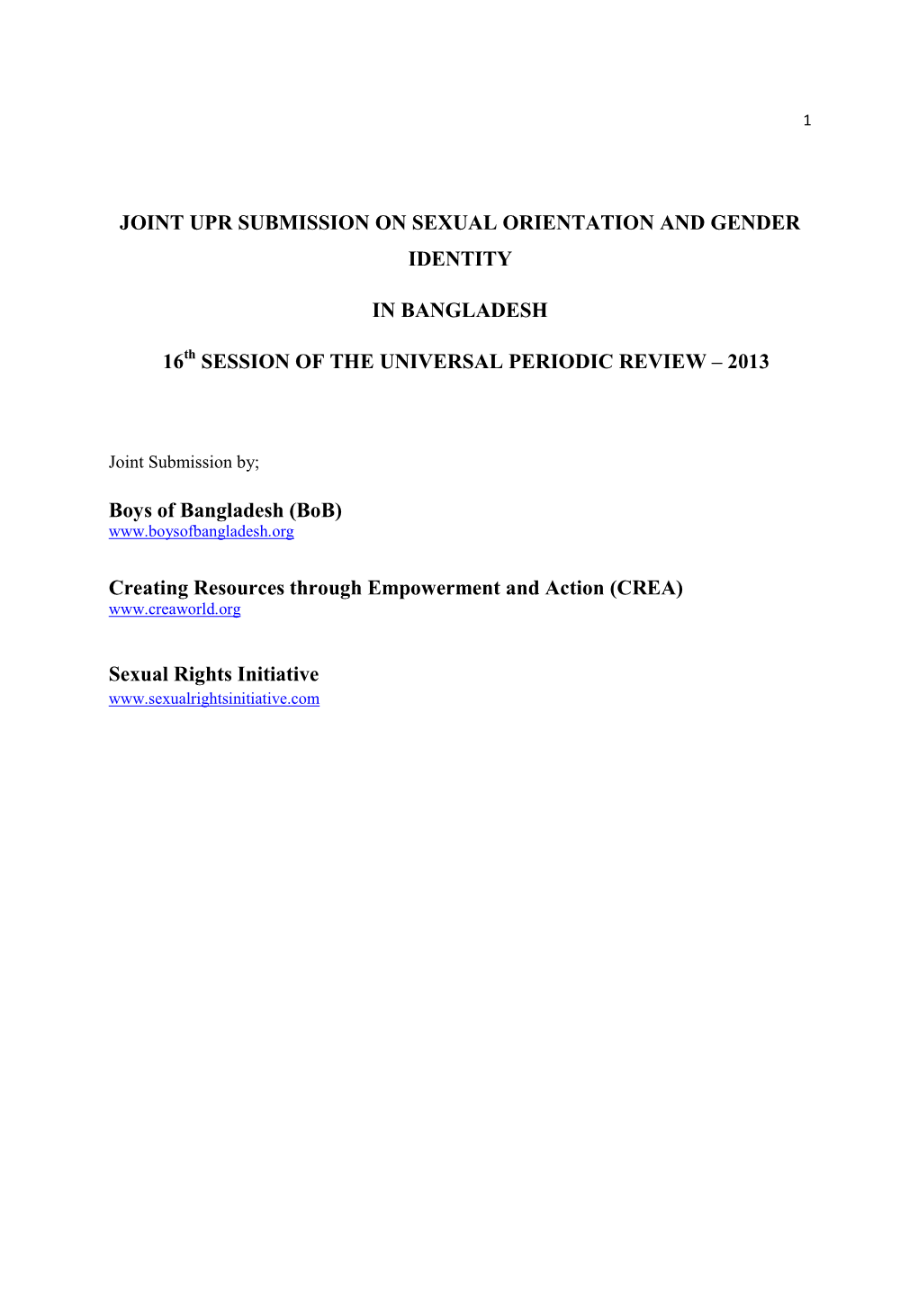 Joint Upr Submission on Sexual Orientation and Gender Identity in Bangladesh 16 Session of the Universal Periodic Review