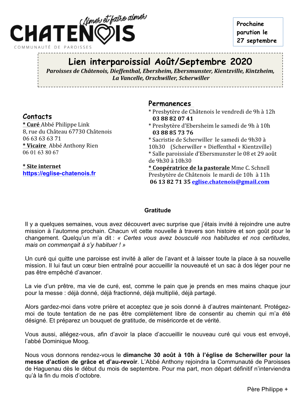 Lien Interparoissial Août/Septembre 2020 Paroisses De Châtenois, Dieffenthal, Ebersheim, Ebersmunster, Kientzville, Kintzheim, La Vancelle, Orschwiller, Scherwiller