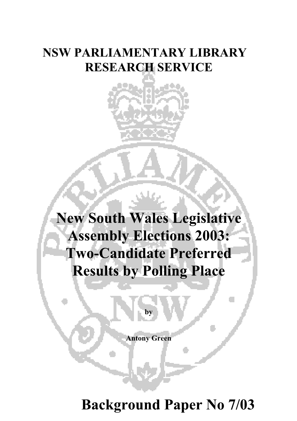 New South Wales Legislative Assembly Elections 2003: Two-Candidate Preferred