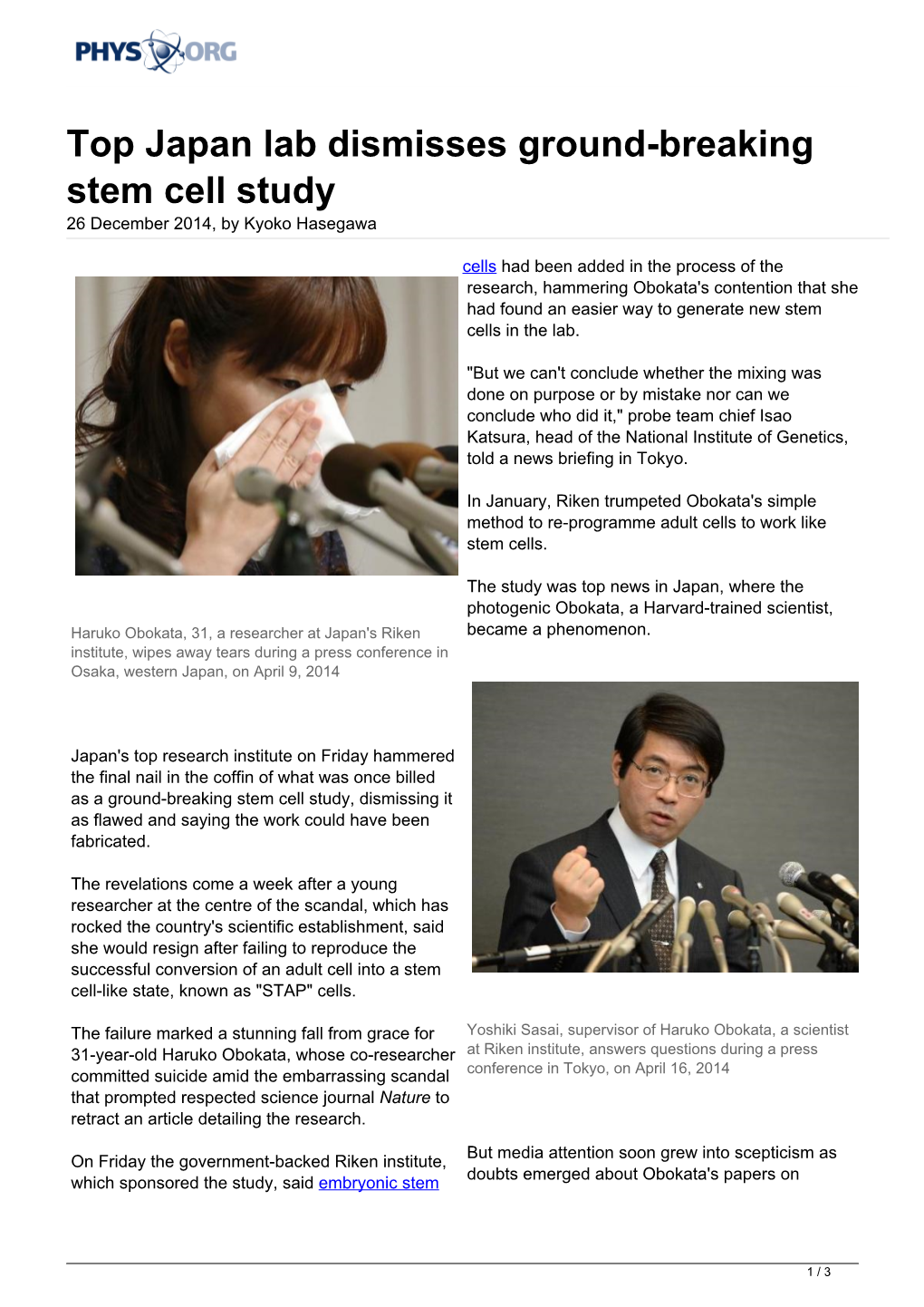 Top Japan Lab Dismisses Ground-Breaking Stem Cell Study 26 December 2014, by Kyoko Hasegawa