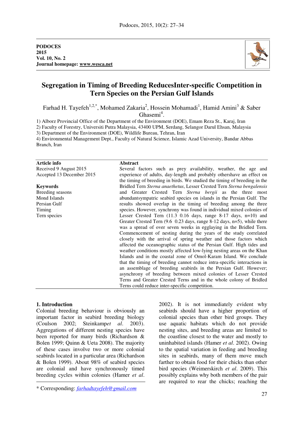 Segregation in Timing of Breeding Reducesinter-Specific Competition in Tern Species on the Persian Gulf Islands