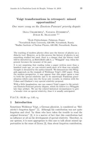 Voigt Transformations in Retrospect: Missed Opportunities? One More Essay on the Einstein-Poincar´Epriority Dispute