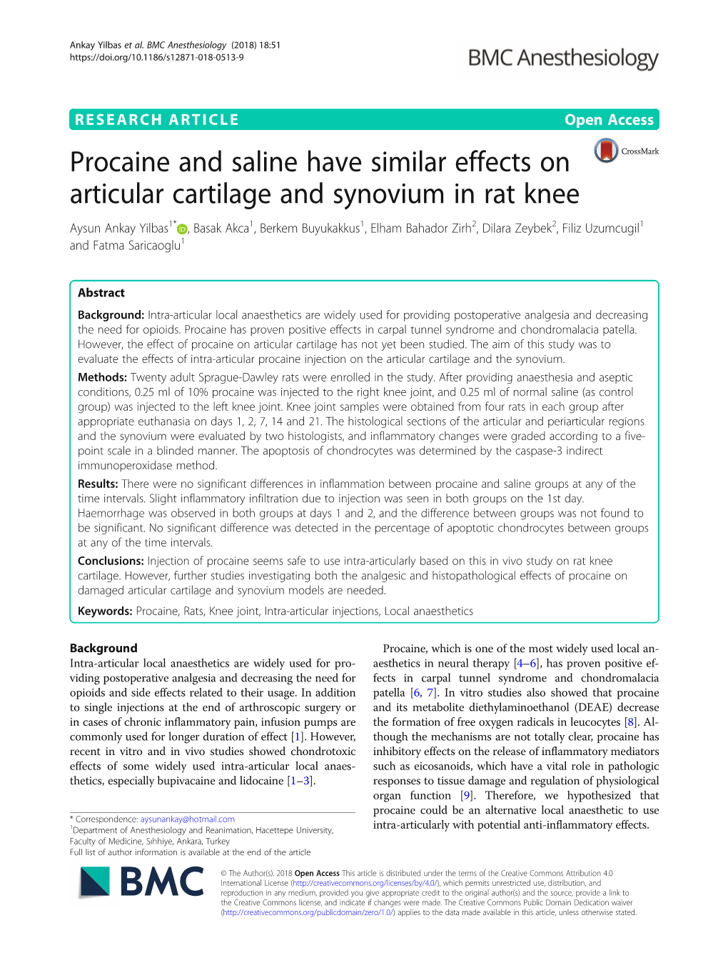 Procaine and Saline Have Similar Effects on Articular Cartilage And