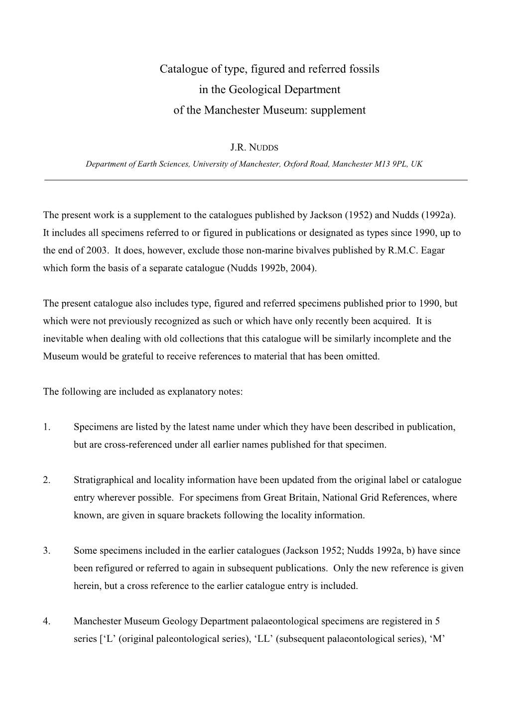 Catalogue of Type, Figured and Referred Fossils in the Geological Department of the Manchester Museum: Supplement