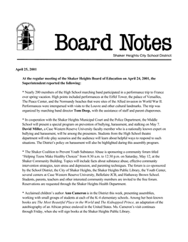April 25, 2001 at the Regular Meeting of the Shaker Heights Board Of