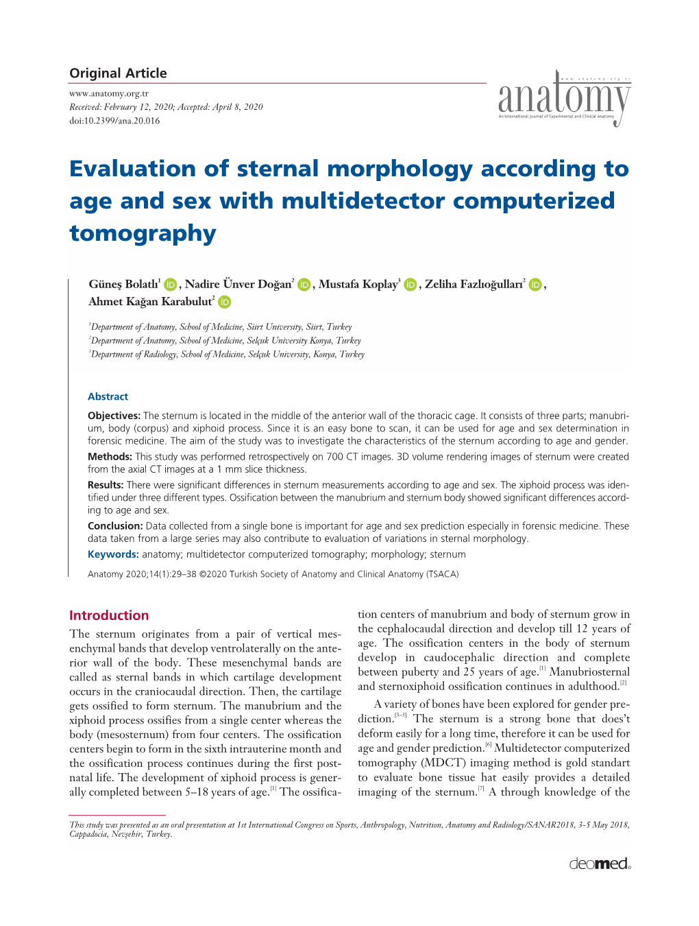 Evaluation Of Sternal Morphology According To Age And Sex With