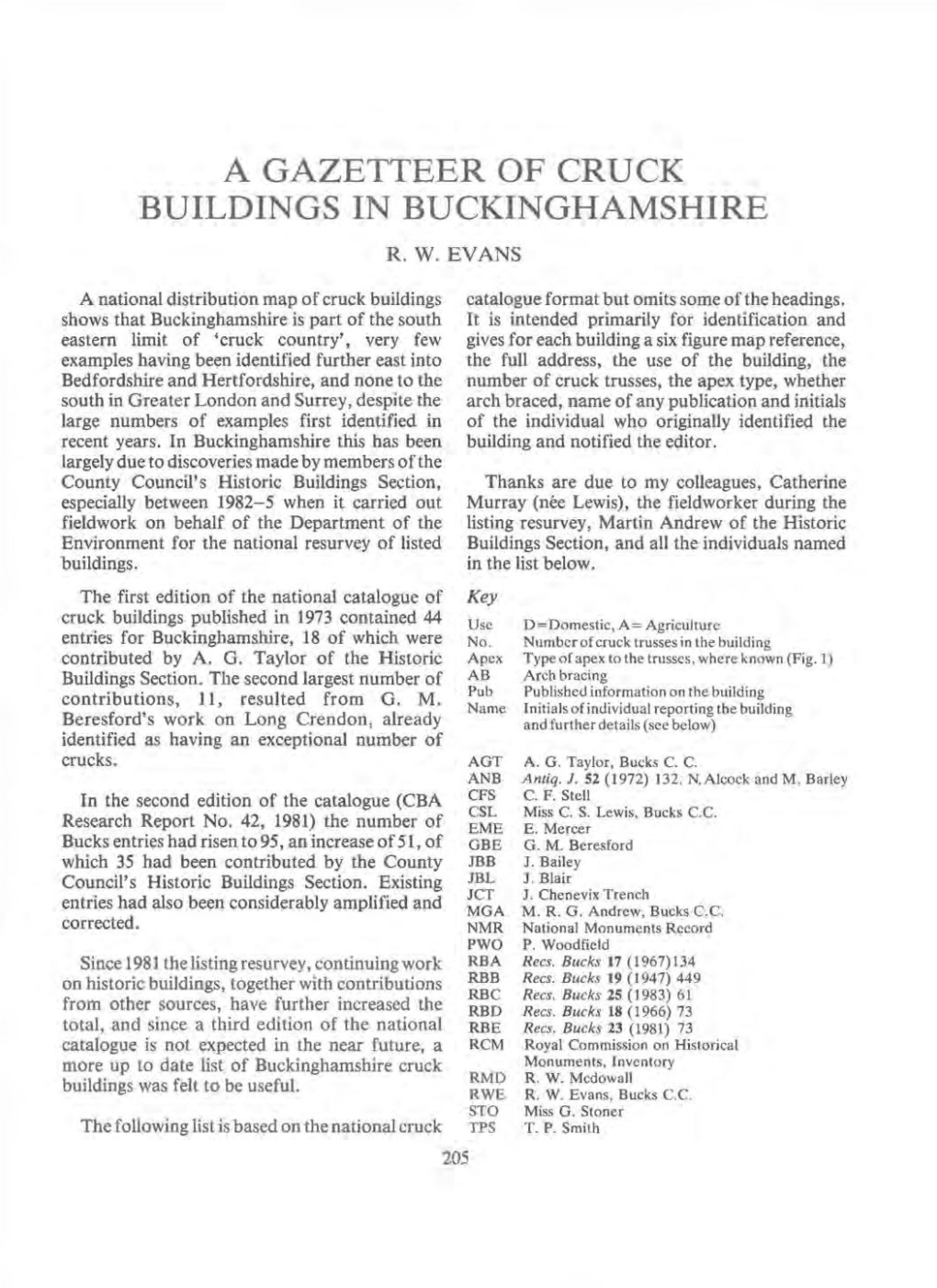 A Gazetteer of Cruck Buildings in Buckinghamshire. R W Evans