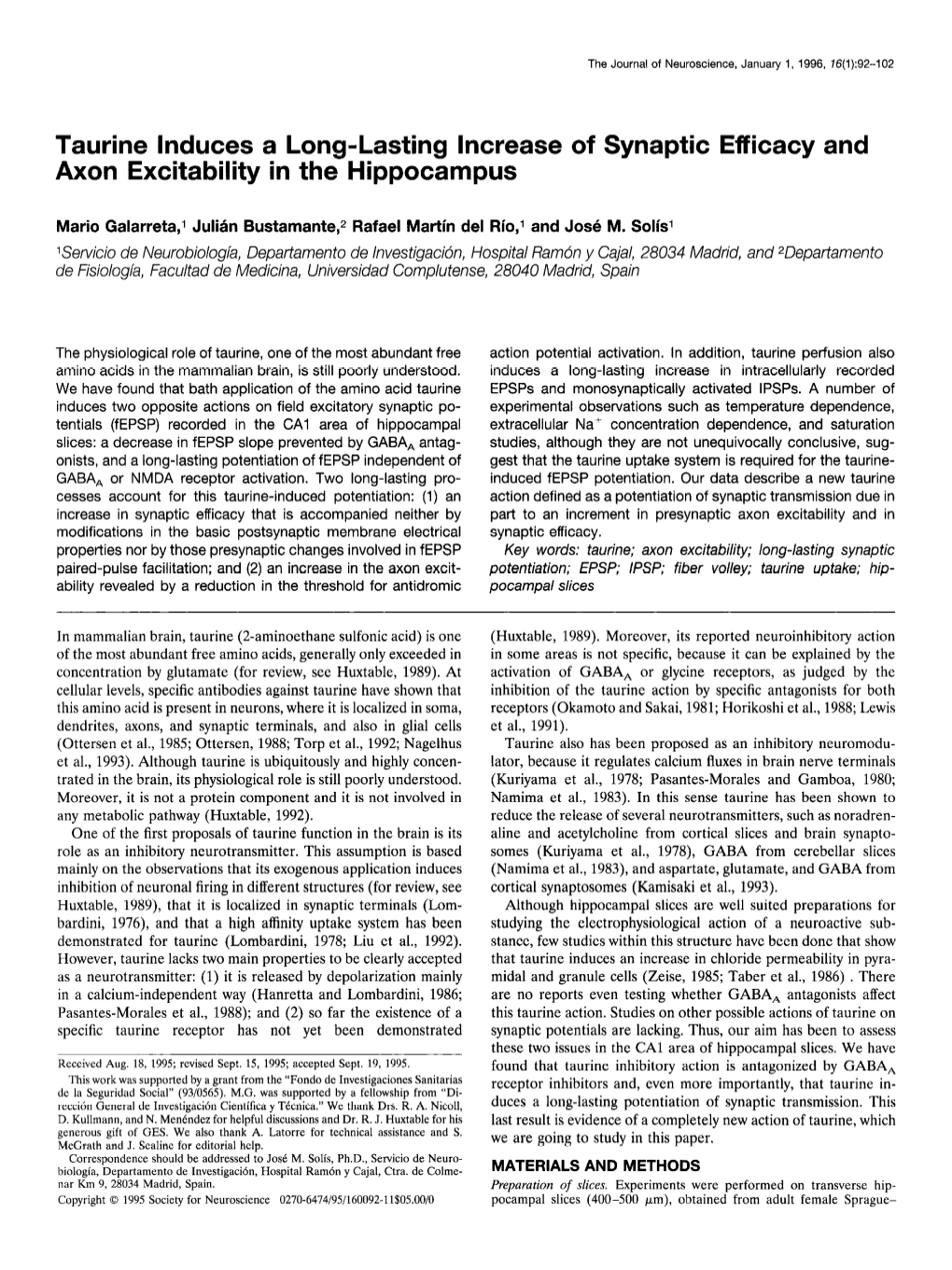 Taurine Induces a Long-Lasting Increase of Synaptic Efficacy and Axon Excitability in the Hippocampus