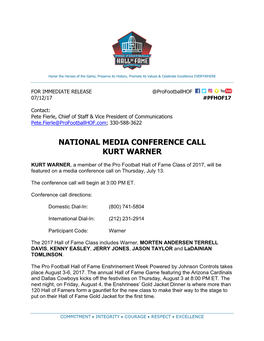 National Media Conference Call Kurt Warner