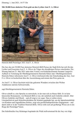 Stadt Köln Pressemitteilung 1. Juni 2021 Heinrich-Böll-Preis José F. A