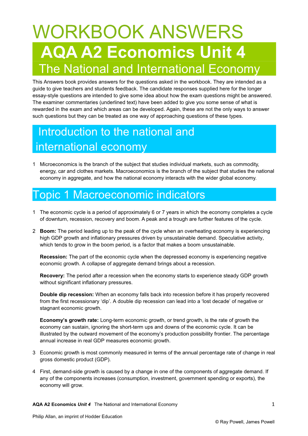 AQA A2 Economics Unit 4 WORKBOOK ANSWERS