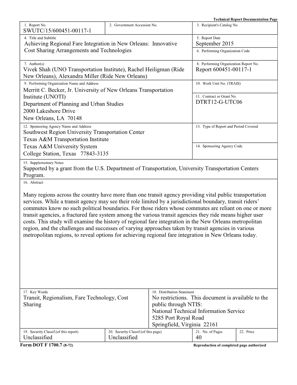 SWUTC/15/600451-00117-1 Achieving Regional Fare