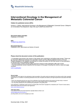 Interventional Oncology in the Management of Metastatic Colorectal Cancer