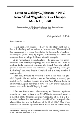 Letter to Oakley C. Johnson in NYC from Alfred Wagenknecht in Chicago, March 18, 1940
