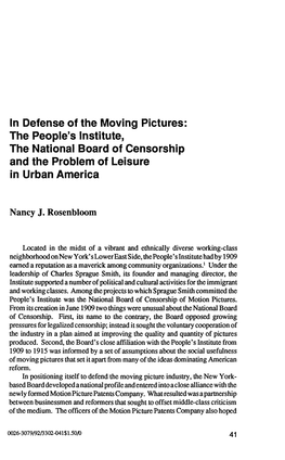 The People's Institute, the National Board of Censorship and the Problem of Leisure in Urban America