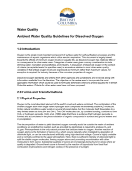 Water Quality Ambient Water Quality Guidelines for Dissolved Oxygen