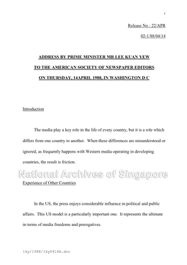 22/Apr 02-1/88/04/14 Address by Prime Minister Mr Lee Kuan