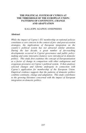 The Political System of Cyprus at the Threshold of the European Union: Patterns of Continuity, Change and Adaptation