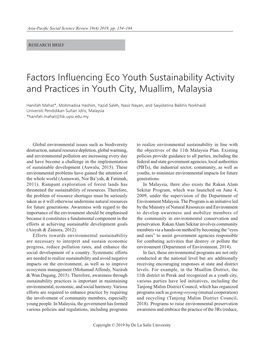 Factors Influencing Eco Youth Sustainability Activity and Practices in Youth City, Muallim, Malaysia