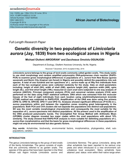 Genetic Diversity in Two Populations of Limicolaria Aurora (Jay, 1839) from Two Ecological Zones in Nigeria