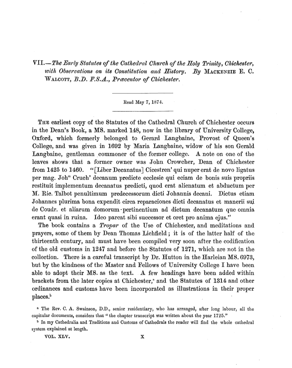 VII—The Early Statutes of the Cathedral Church of the Holy Trinity, Chichester, with Observations on Its Constitution and History