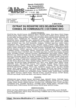 Extrait Du Registre Des Deliberations Conseil De Communaute 3 Octobre 2013
