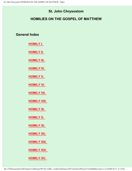 St. John Chrysostom HOMILIES on the GOSPEL of MATTHEW : Index