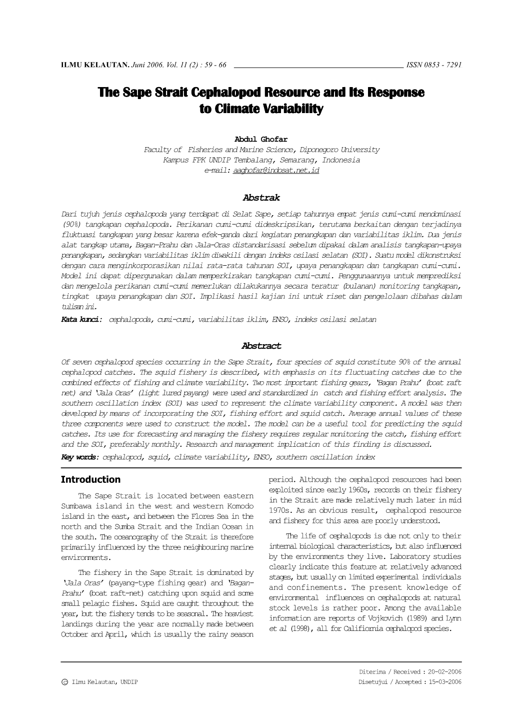 The Sape Strait Cephalopod Resource and Its Response to Climate Variability